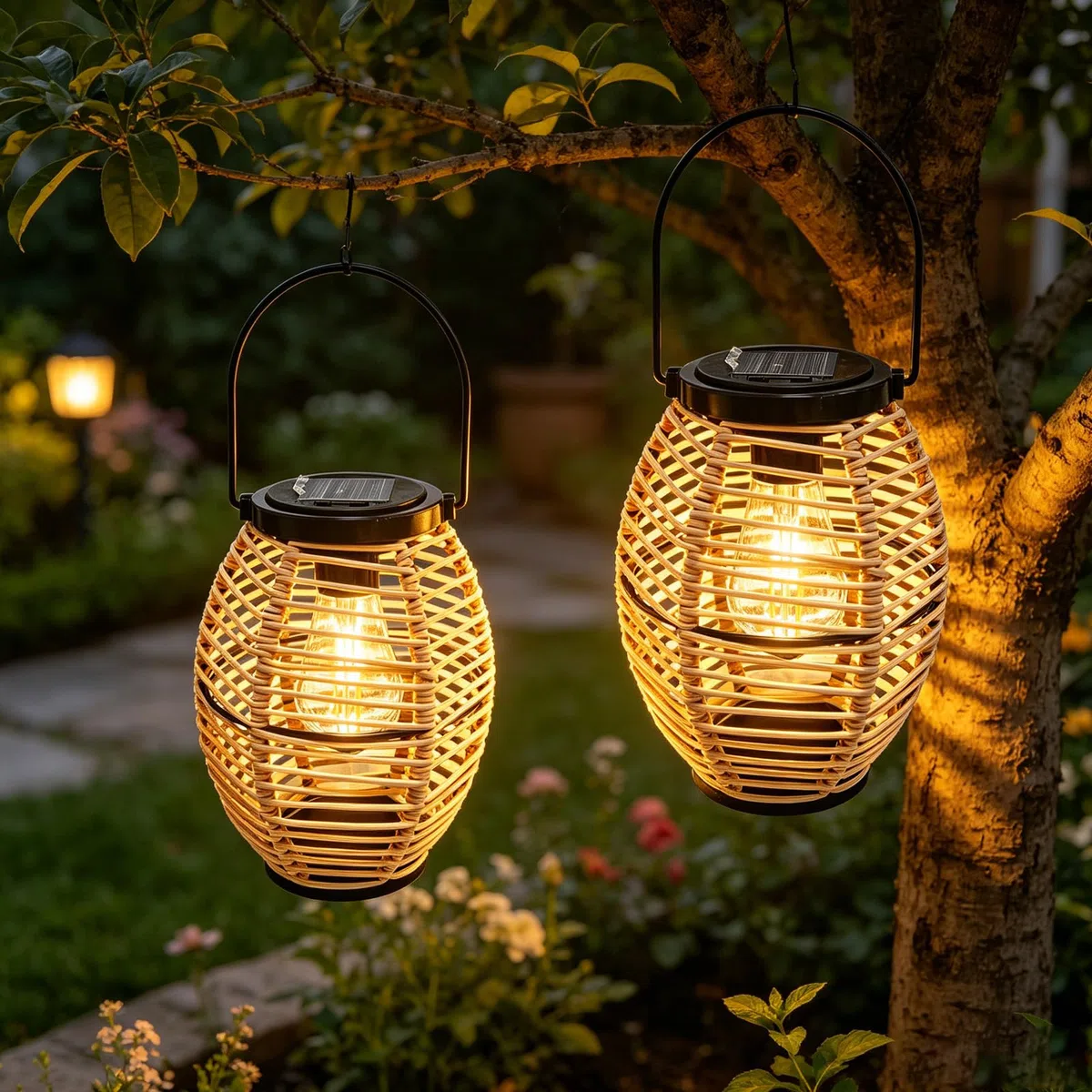 Solarlampen für Außen Hängend,2 Stück Solar Lampions Außen Wetterfest,Rattan Solar Laternen für Draußen,IP44 Wasserdicht Garten Solarleuchten für Außen,für Garten,Terrasse,Balkon,Partys