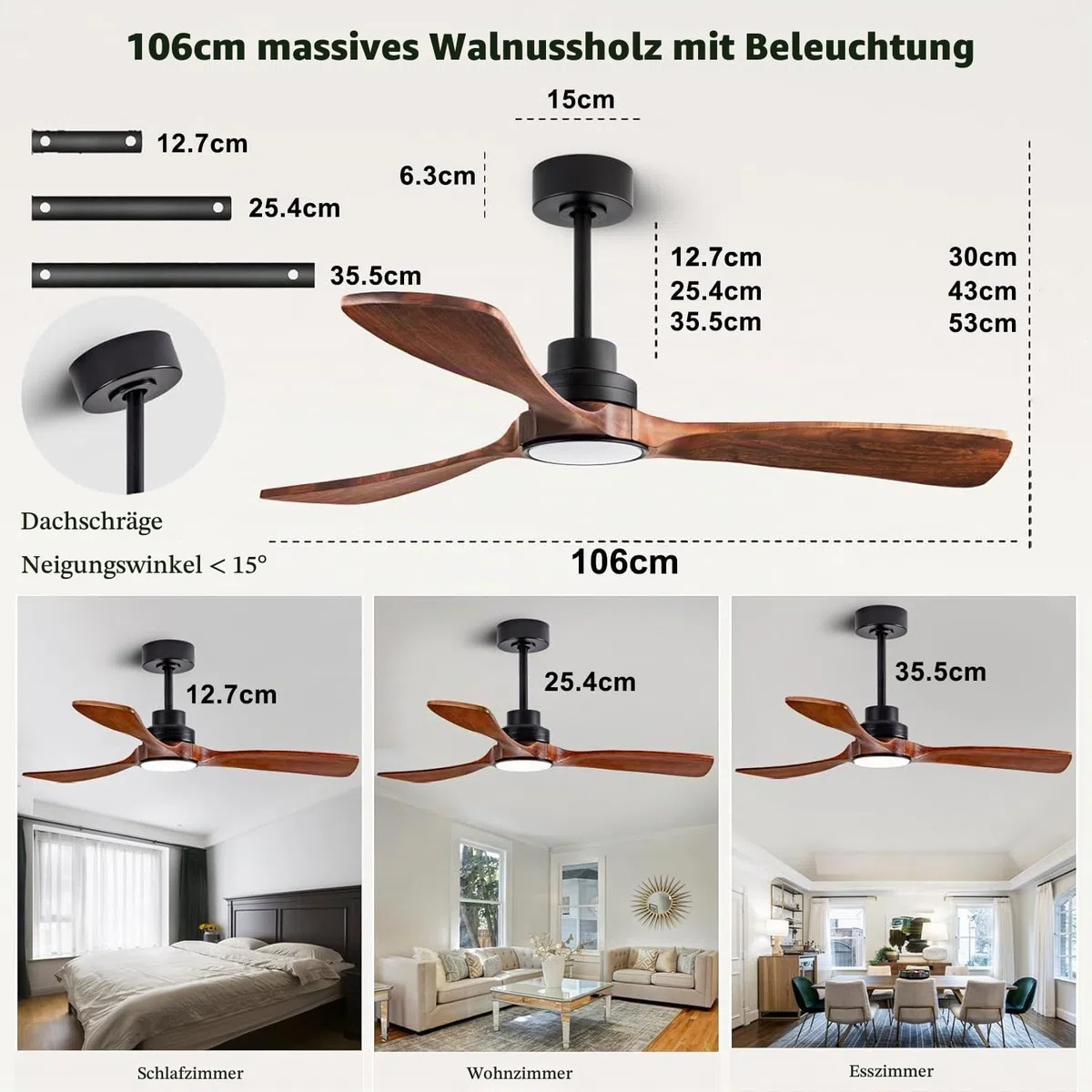 Deckenventilator mit Beleuchtung, 106 cm, Massivholz, LED 18 W