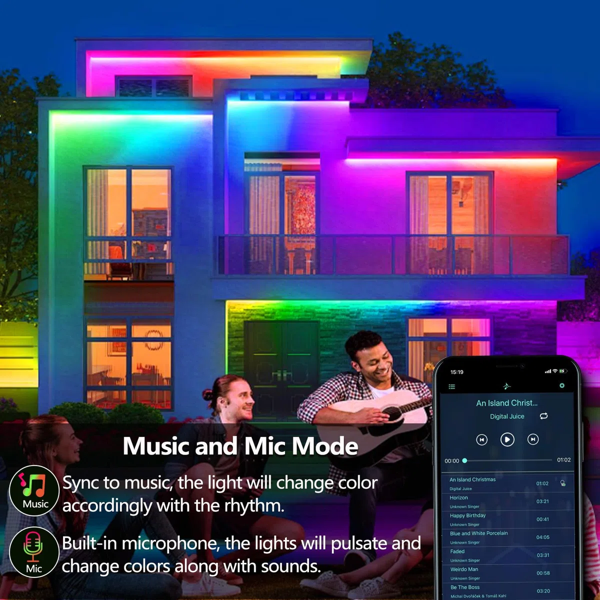 15m RGB+IC LED Streifen,Außenbereich IP68 Wasserdicht,Steuerung mit App/Fernbedienung,Bluetooth Musik Sync Seillicht für Balkone,errassen,Dächer,Gärten,Schwimmbäder