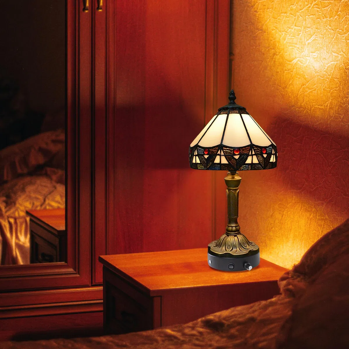 Tiffany-Stil Tischlampe Kabellos Warmweißes, Wiederaufladbar Tischleuchte, Dimmbar Nachttischlampe mit Glasschirm für Nachttisch Esszimmer Schlafzimmer -TD0773