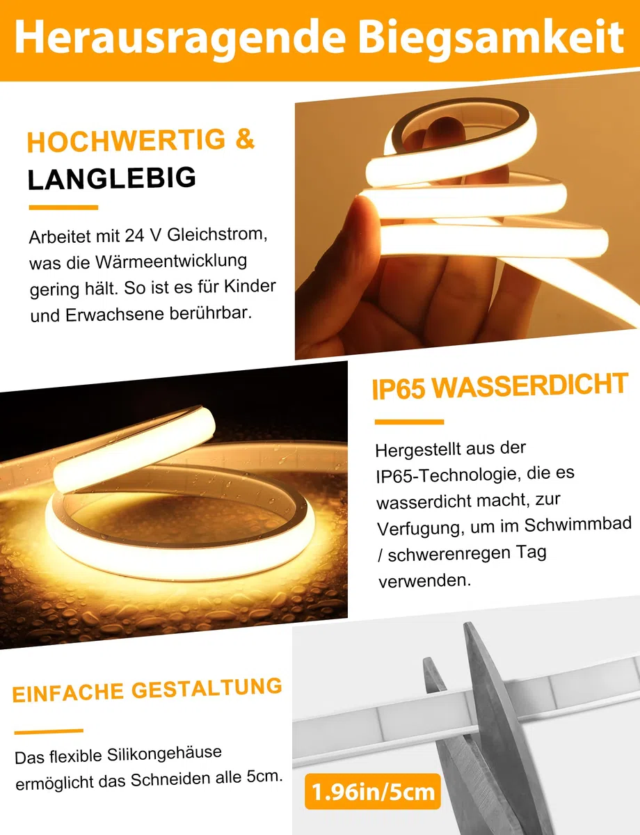 COB LED Streifen, Warmweiss Dimmbar 3M Led Strip mit Fernbedienung, 3000K Selbstklebend Wasserdicht Neon Led Leiste, 10mm Breit, Silikon Flexibel Lichtleiste für TV, Schlafzimmer, CRI90+