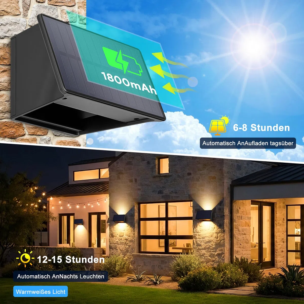 Solarlampen für Außen, Solar Wandleuchte Aussen 3000K Warmweiß, 1800mAh, IP65 Wasserdichte, Solarleuchten Auf und ab Einstellbar Lichtstrahl für Garten Balkon Terrasse Treppen 2 Stück