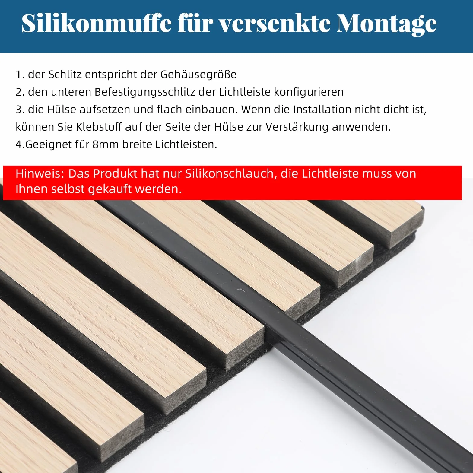 Flexibles Silikon LED Profil, 5m 12x12mm LED Schiene für 8mm Akustikpaneele LED Streifen, IP65 Wasserdicht LED Kanal Diffusor für Decke, Schrank, Bar, Akustikpaneele Beleuchtung (Schwarz, 5 m)