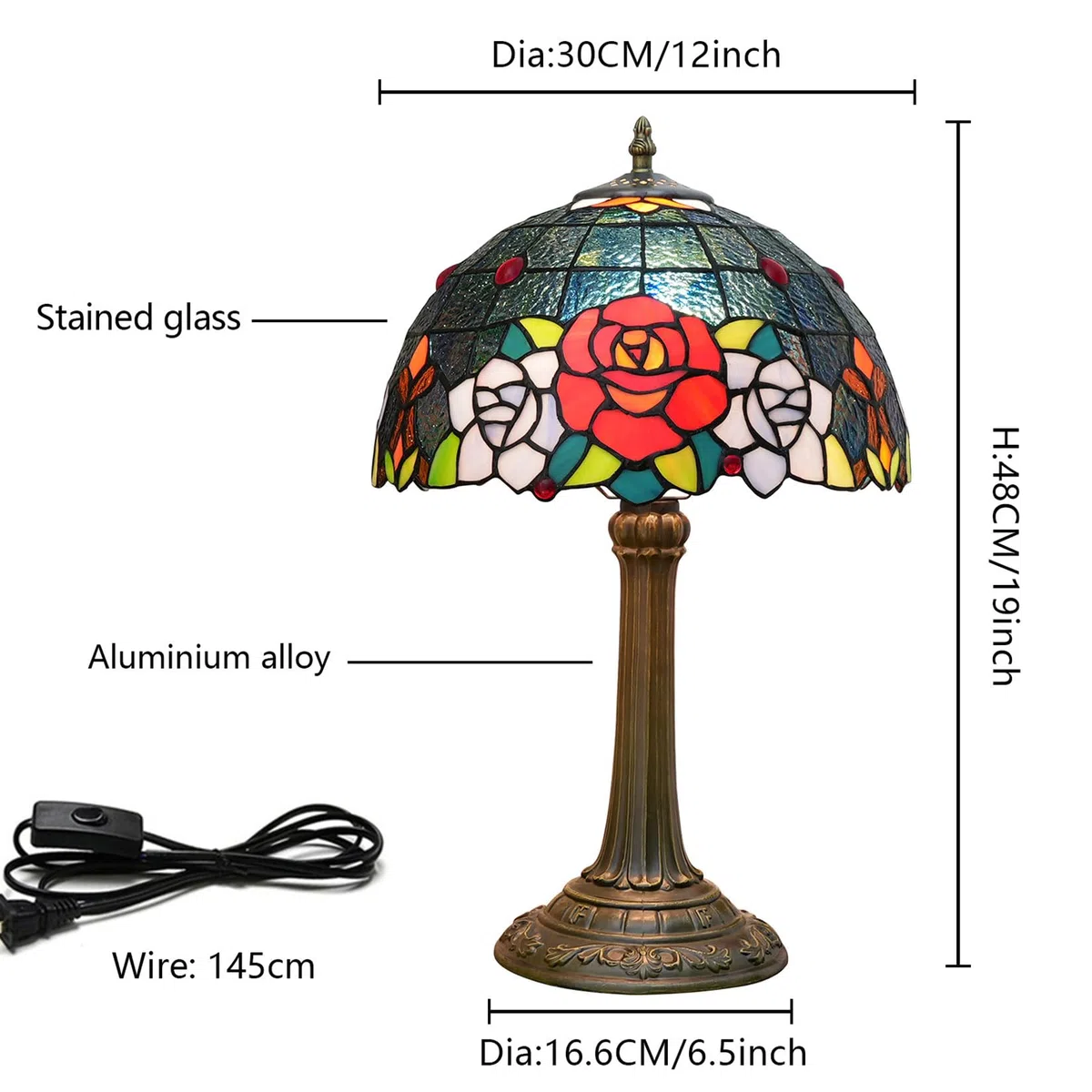 Tiffany Style Black Rose Tischlampe, 12" Nachttischlampe aus Buntglas, E27, 19" hohes Vintage-Nachtlicht für Büro Wohnzimmer Schlafzimmer Arbeitszimmer