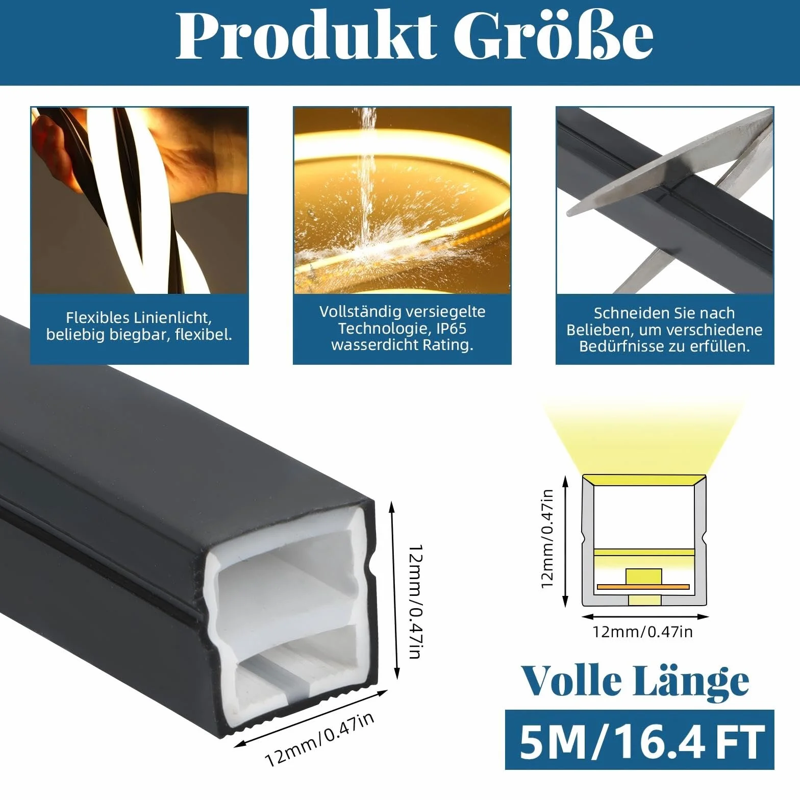 Flexibles Silikon LED Profil, 5m 12x12mm LED Schiene für 8mm Akustikpaneele LED Streifen, IP65 Wasserdicht LED Kanal Diffusor für Decke, Schrank, Bar, Akustikpaneele Beleuchtung (Schwarz, 5 m)