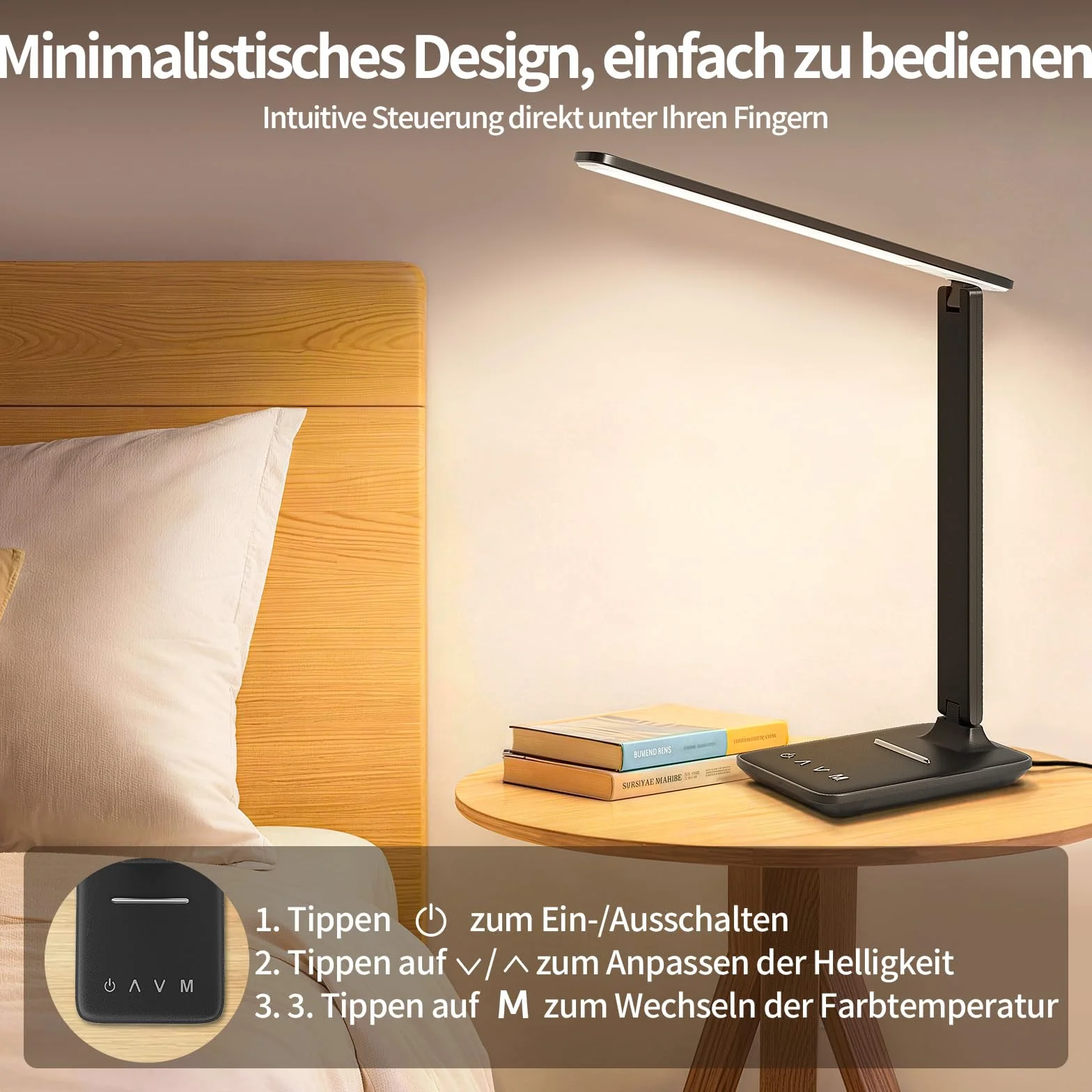 Schreibtischlampe LED Dimmbar für Büro, Lesen und Homeoffice | Tischlampe mit Augenschutz, USB-Ladeanschluss, 5 Farbtemperaturen & 5 Helligkeitsstufen, Touch-Steuerung, faltbare Leselampe