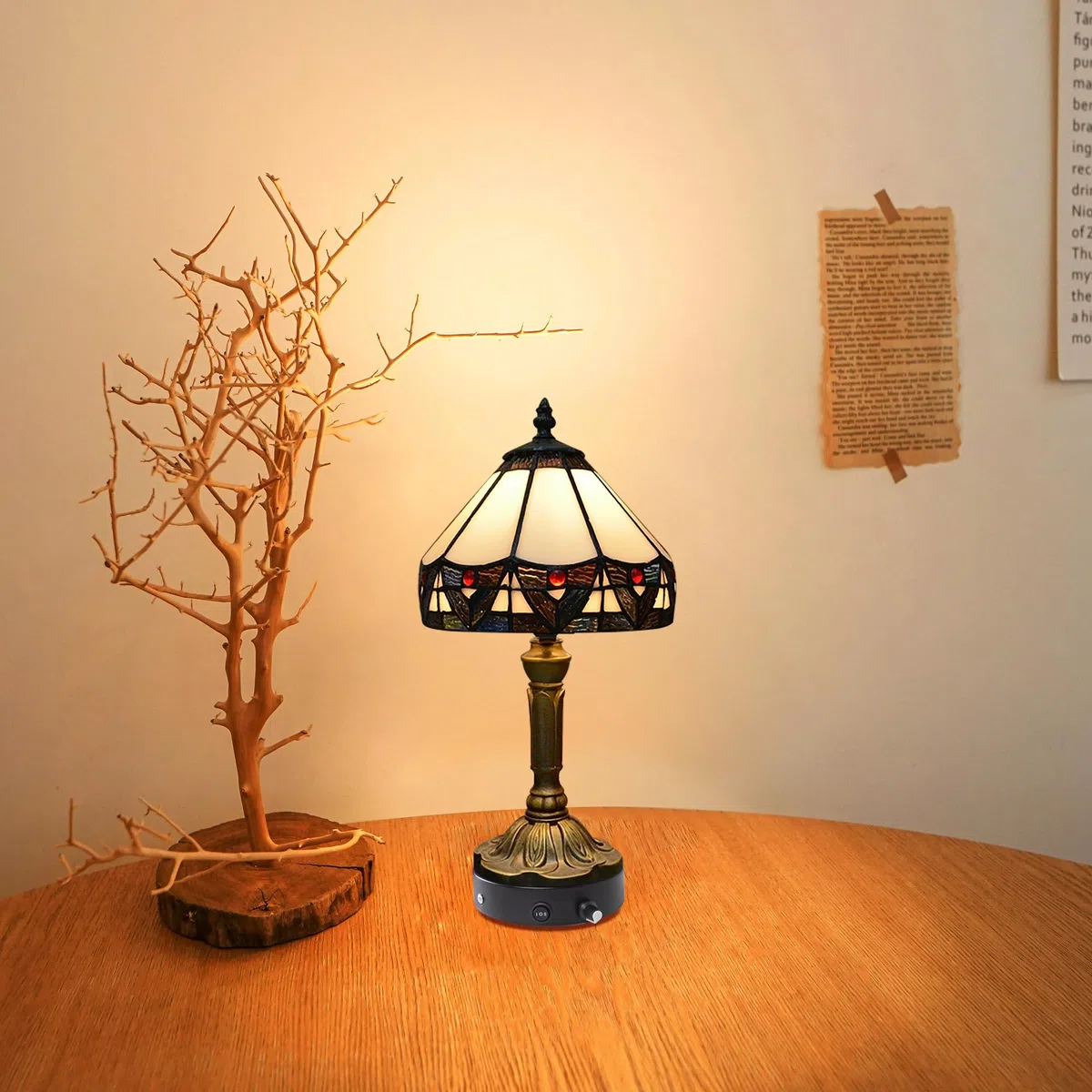 Tiffany-Stil Tischlampe Kabellos Warmweißes, Wiederaufladbar Tischleuchte, Dimmbar Nachttischlampe mit Glasschirm für Nachttisch Esszimmer Schlafzimmer -TD0773