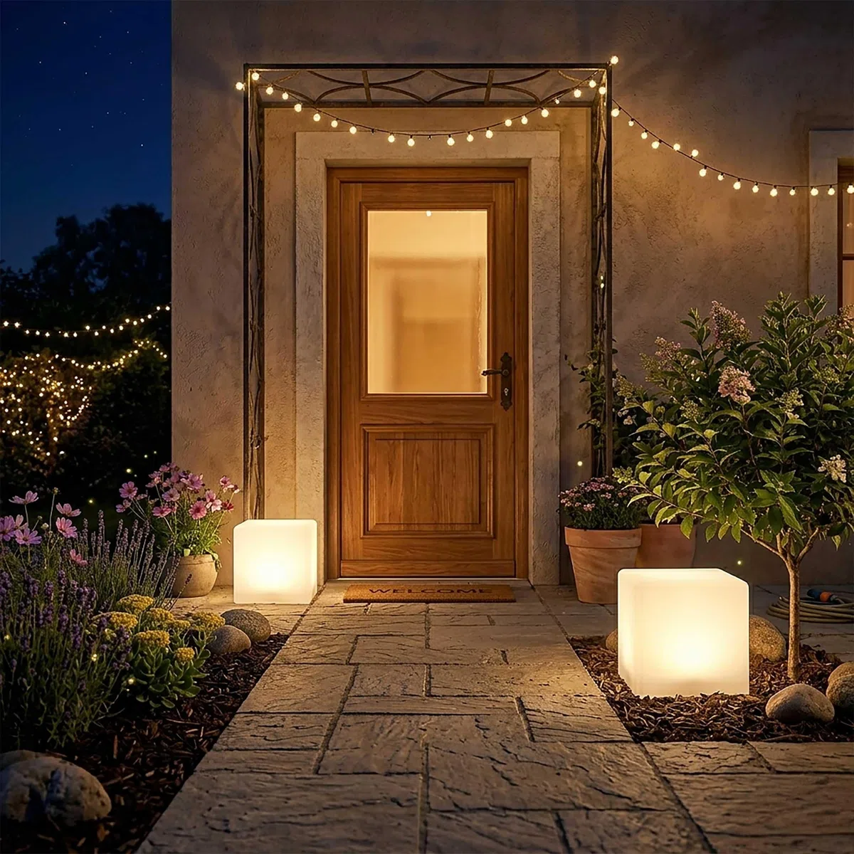 Spetebo LED Solar Würfelleuchte Solarlampe Gartenleuchte warm weiß - 20 cm | Garten Deko Beleuchtung, Milchglas Optik, Für Terrasse Balkon Außen, Wasserfest