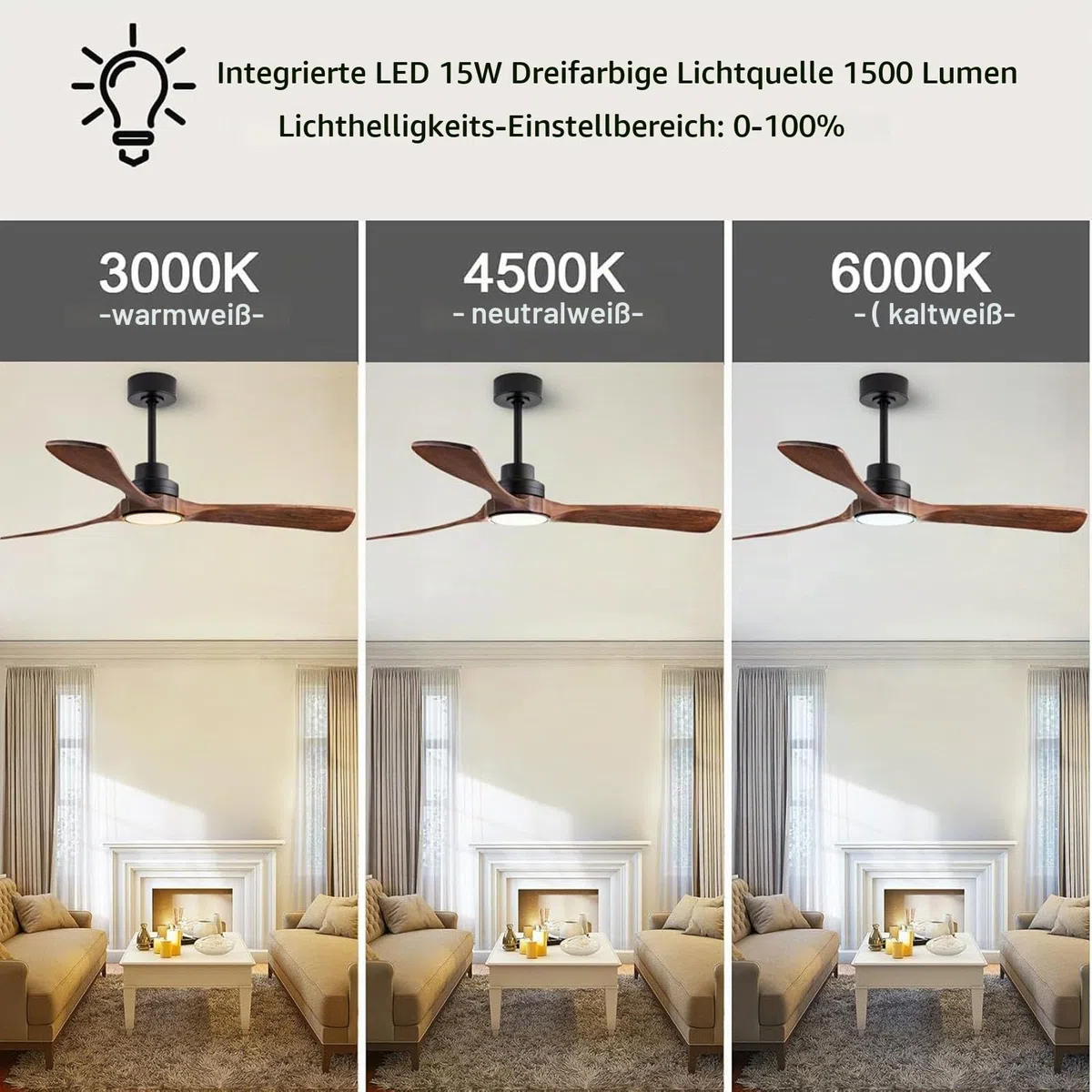 Deckenventilator mit Beleuchtung, 106 cm, Massivholz, LED 18 W
