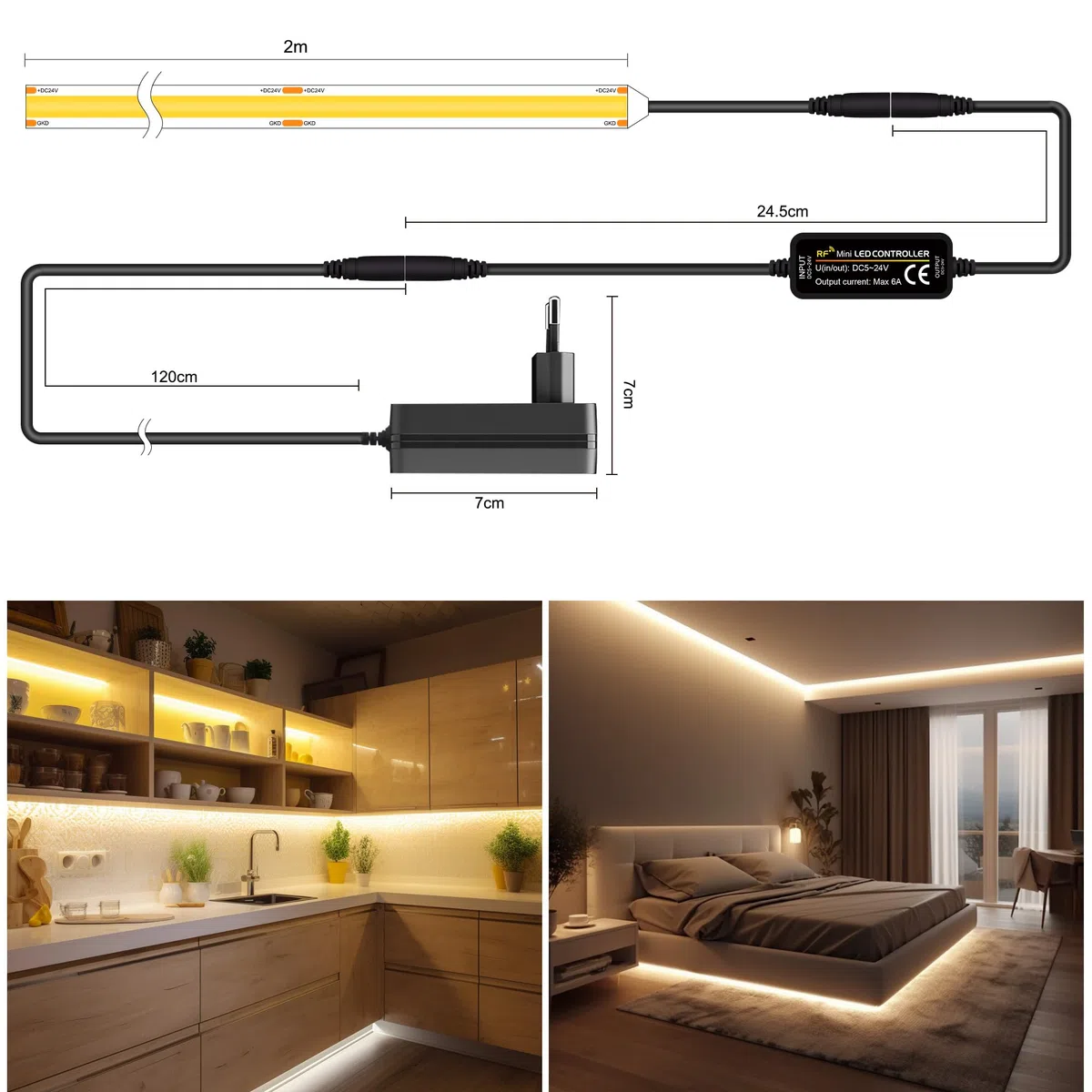 TTWAY COB LED Streifen 2M, 2700K Warmweiße LED Streifen mit Netzteil und Fernbedienung, DC24V, 480LEDs/M, CRI 90+, 8mm Breite, Dimmbare Light Strips für die Schlafzimmerdekoration