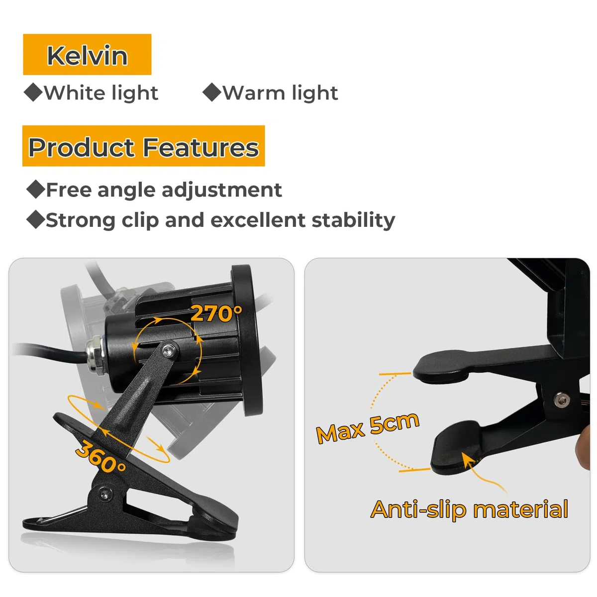 Milpoel COB LED Strahler mit Klemme, 7W, 3m Kabel, IP65 Wasserdicht, Außen- & Innenbeleuchtung (Warmweiß, 1)