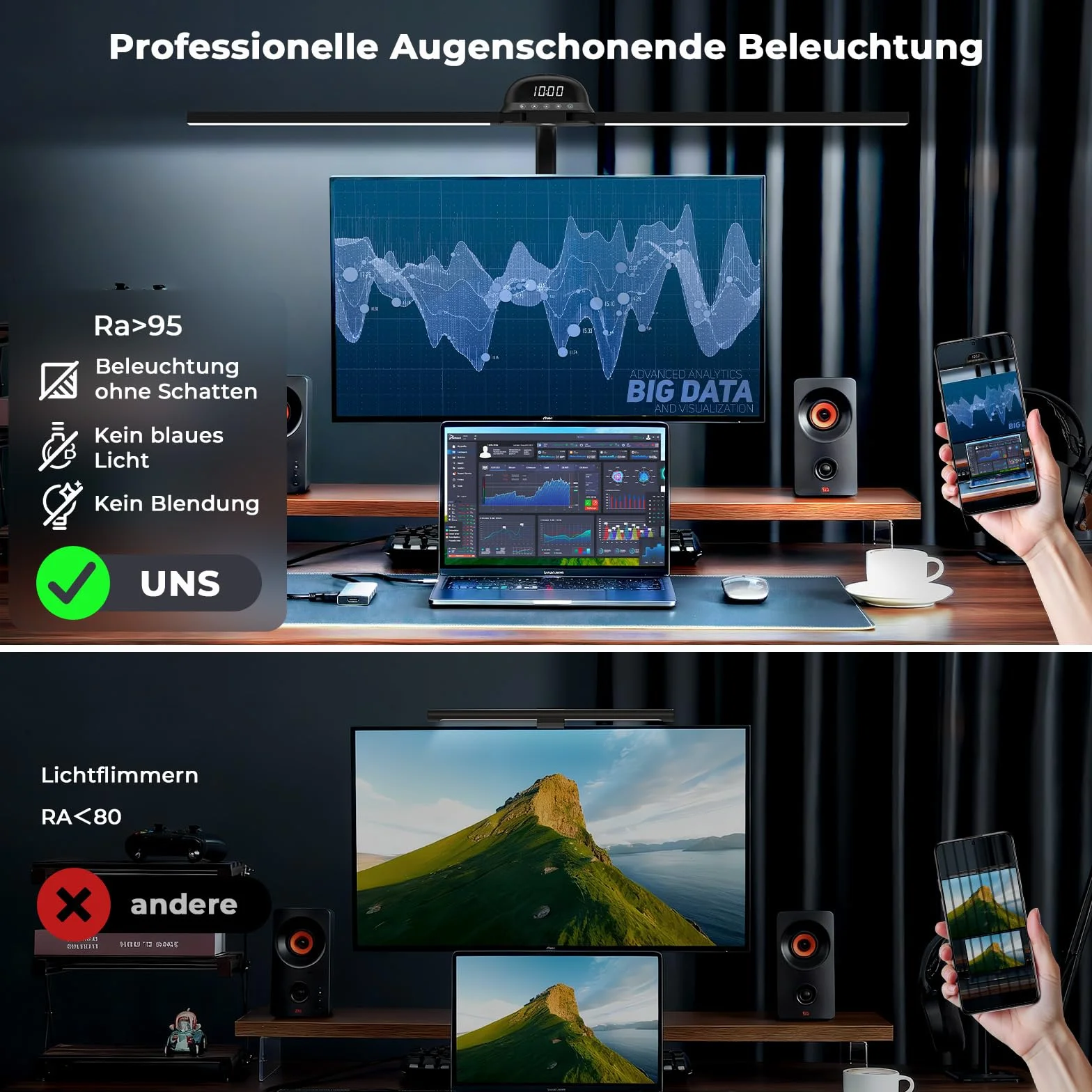 Schreibtischlampe LED Tischlampe Klemmbar 90cm CRI≥95 3100K-7600K Dimmbar Tageslichtlampe Doppelkopf Schreibtisch Lampe Schwanenhals Desk Leselampe Monitor Lamp Fernbedienung Für Home Office