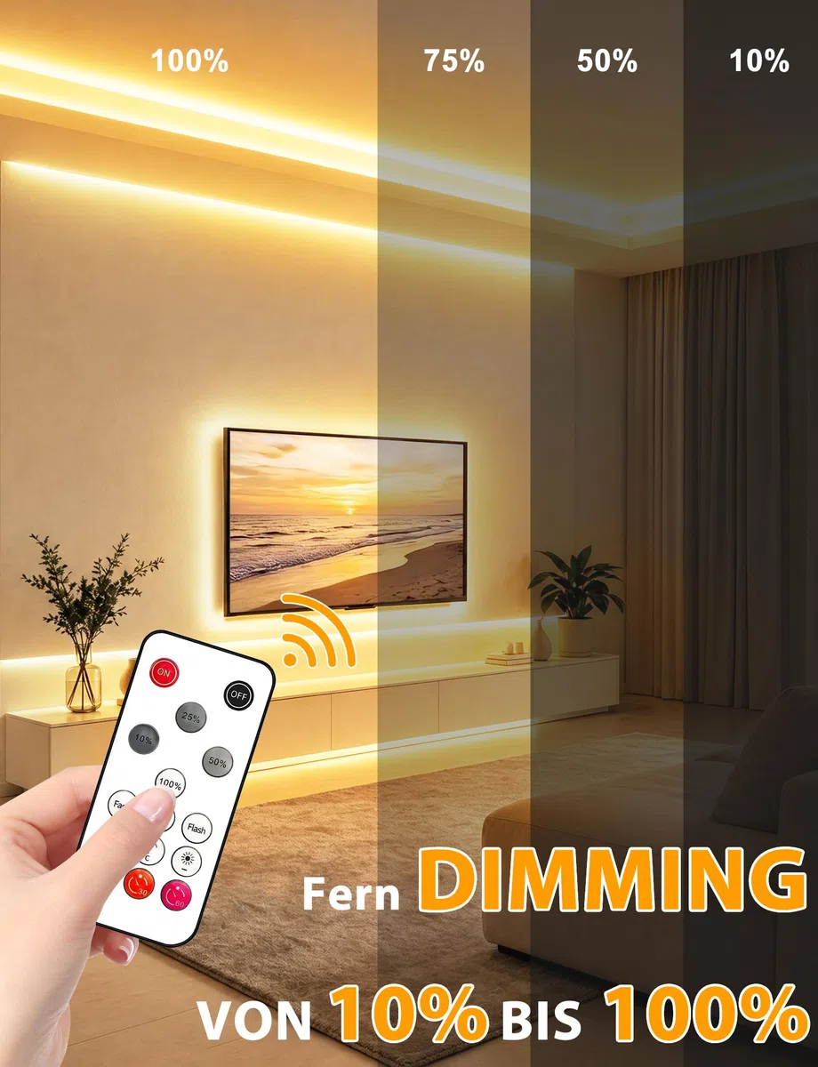 COB LED Streifen, Warmweiss Dimmbar 3M Led Strip mit Fernbedienung, 3000K Selbstklebend Wasserdicht Neon Led Leiste, 10mm Breit, Silikon Flexibel Lichtleiste für TV, Schlafzimmer, CRI90+